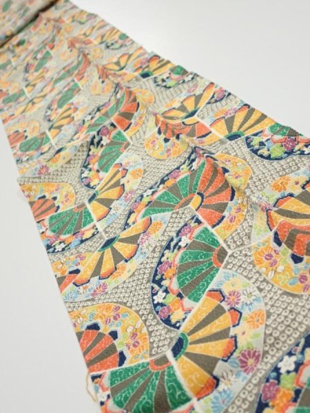 Photo1: 1F09z60  Japanese Kimono Silk  FABRIC Genjiguruma Olive-Gray 80.7x7.1 (1)