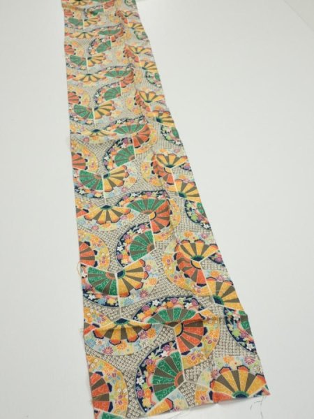 Photo2: 1F09z60  Japanese Kimono Silk  FABRIC Genjiguruma Olive-Gray 80.7x7.1 (2)