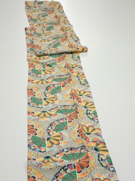 Photo3: 1F09z60  Japanese Kimono Silk  FABRIC Genjiguruma Olive-Gray 80.7x7.1 (3)