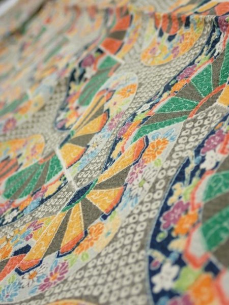 Photo4: 1F09z60  Japanese Kimono Silk  FABRIC Genjiguruma Olive-Gray 80.7x7.1 (4)