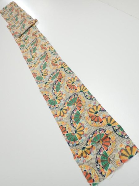 Photo5: 1F09z60  Japanese Kimono Silk  FABRIC Genjiguruma Olive-Gray 80.7x7.1 (5)