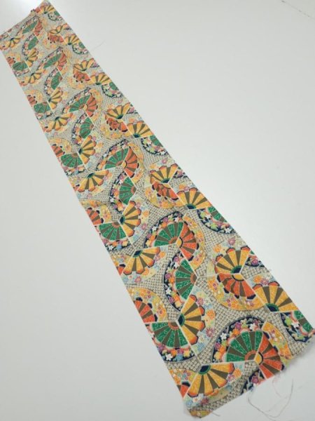 Photo1: 1F10z30  Japanese Kimono Silk  FABRIC Genjiguruma Olive-Gray 36.2x7.1 (1)