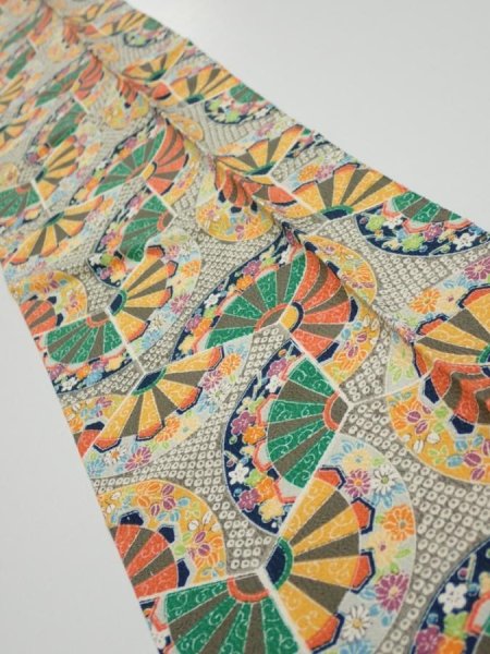 Photo2: 1F10z30  Japanese Kimono Silk  FABRIC Genjiguruma Olive-Gray 36.2x7.1 (2)