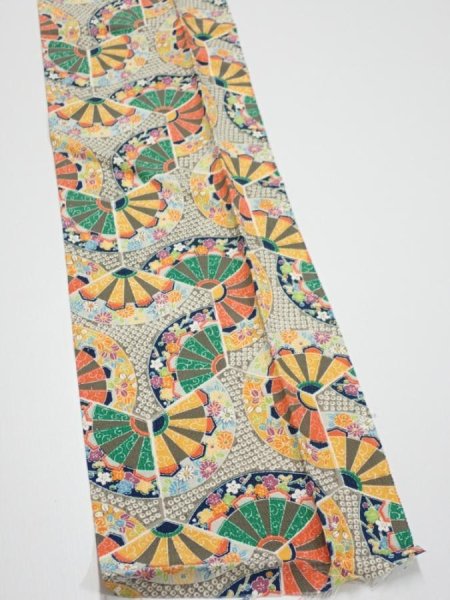 Photo3: 1F10z30  Japanese Kimono Silk  FABRIC Genjiguruma Olive-Gray 36.2x7.1 (3)