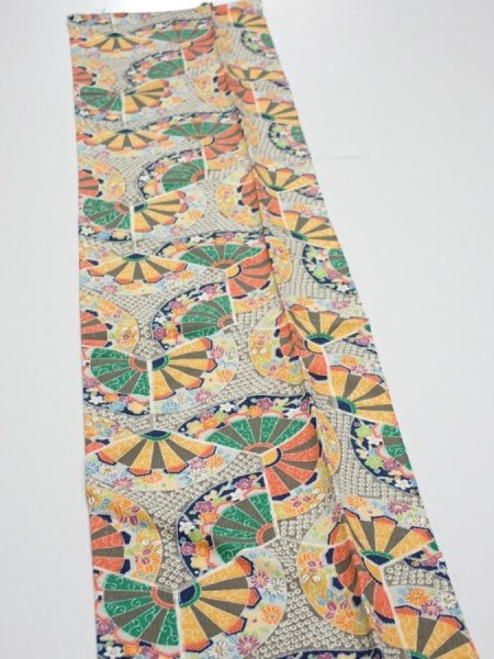 Photo4: 1F10z30  Japanese Kimono Silk  FABRIC Genjiguruma Olive-Gray 36.2x7.1 (4)