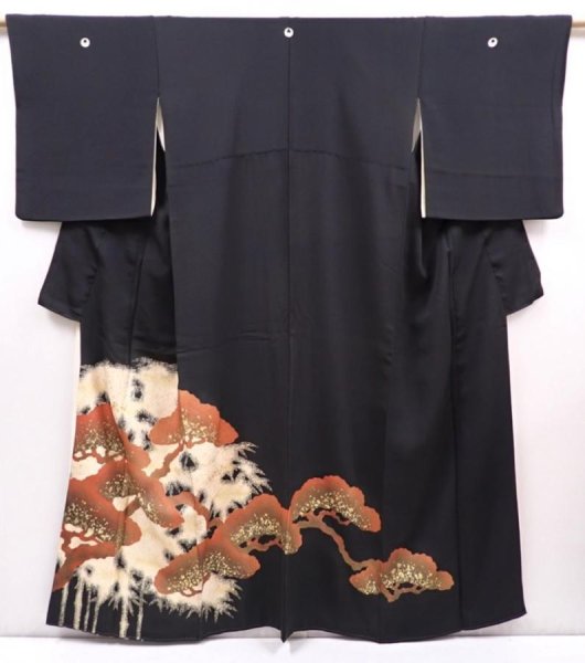 Photo1: 6310T01z1570 Vintage Japanese Kimono Silk TOMESODE Pine Black (1)