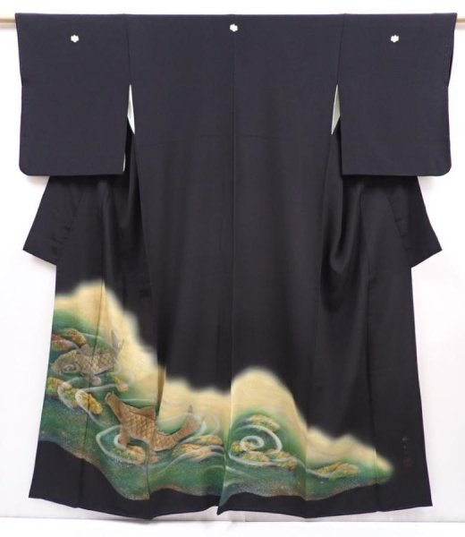 Photo1: 6310T02z1150 Vintage Japanese Kimono Silk Artist work TOMESODE Carp Black (1)