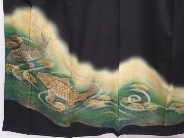 Photo5: 6310T02z1150 Vintage Japanese Kimono Silk Artist work TOMESODE Carp Black (5)