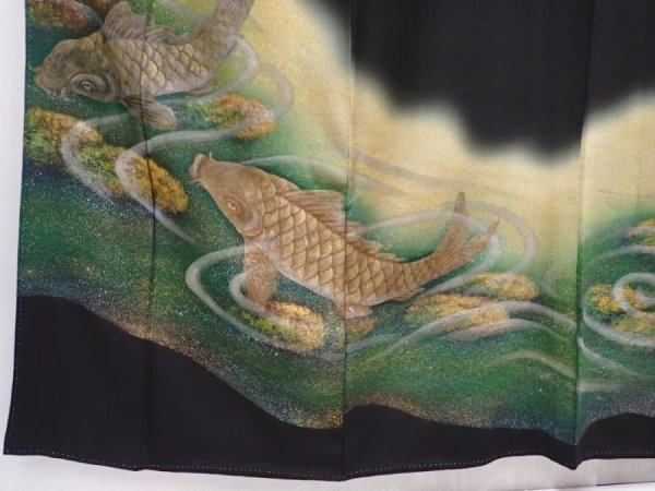 Photo6: 6310T02z1150 Vintage Japanese Kimono Silk Artist work TOMESODE Carp Black (6)