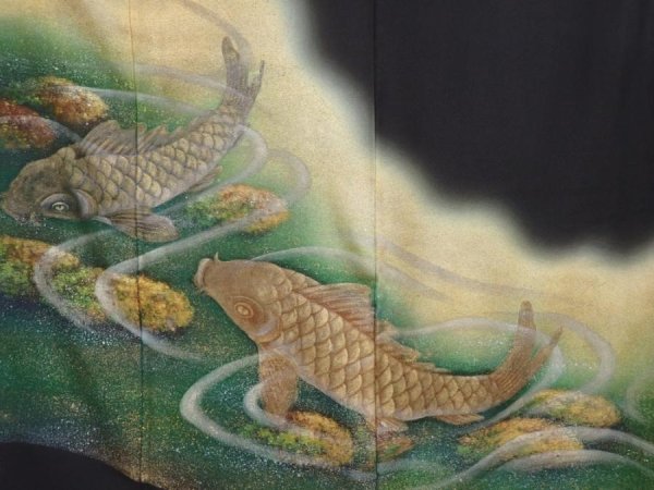 Photo8: 6310T02z1150 Vintage Japanese Kimono Silk Artist work TOMESODE Carp Black (8)