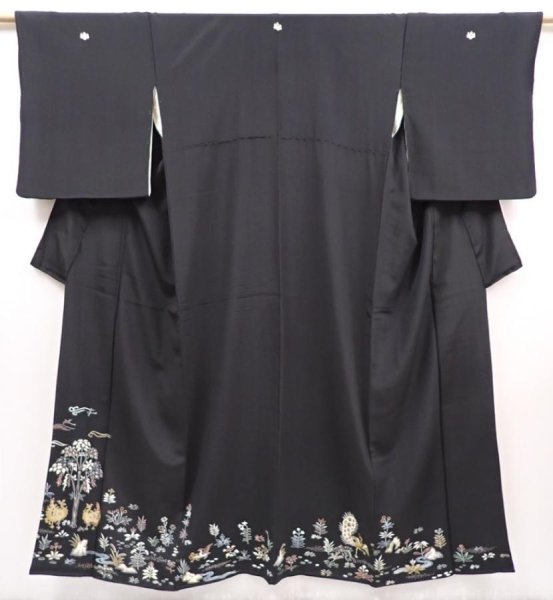 Photo1: 6310T03z1500 Vintage Japanese Kimono Silk TOMESODE Tree Black (1)