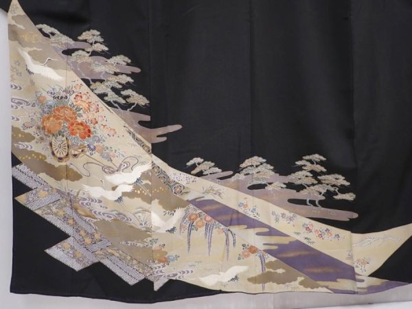 Photo5: 6310T04z1370  Japanese Kimono Silk TOMESODE Flower cart Black (5)