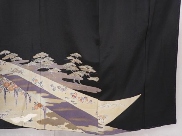 Photo7: 6310T04z1370  Japanese Kimono Silk TOMESODE Flower cart Black (7)