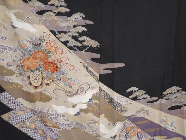 Photo8: 6310T04z1370  Japanese Kimono Silk TOMESODE Flower cart Black (8)