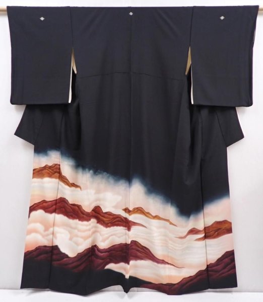 Photo1: 6310T05z1770 Vintage Japanese Kimono Silk TOMESODE Mountain Black (1)