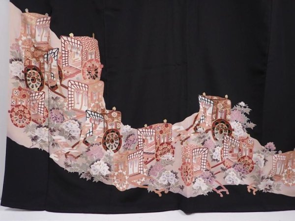 Photo5: 6310T06z1390  Japanese Kimono Silk TOMESODE Royal cart Black (5)