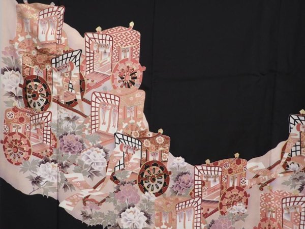 Photo8: 6310T06z1390  Japanese Kimono Silk TOMESODE Royal cart Black (8)