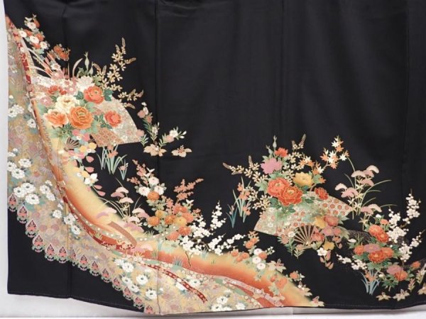 Photo5: 6310T08z1440  Japanese Kimono Silk TOMESODE Peony Black (5)
