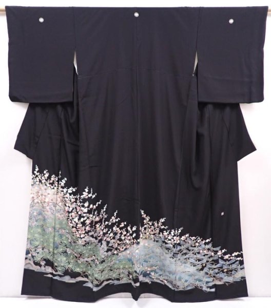Photo1: 6312T02z1300  Japanese Kimono Silk Artist work TOMESODE Yu-zen Black (1)