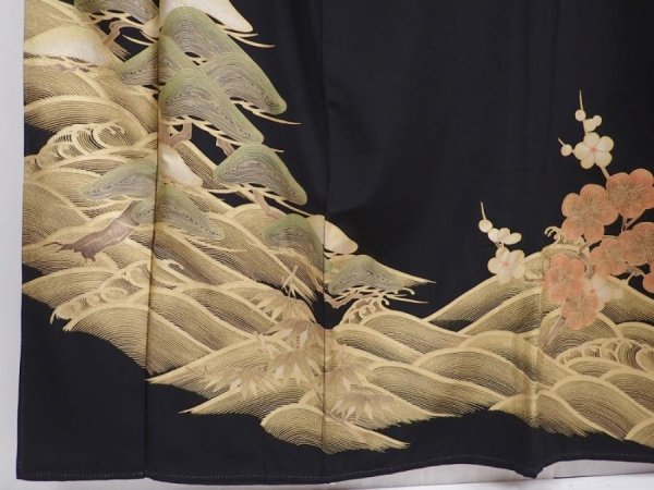Photo6: 6312T03z1290 Vintage Japanese Kimono Silk Artist work TOMESODE Pine Black (6)