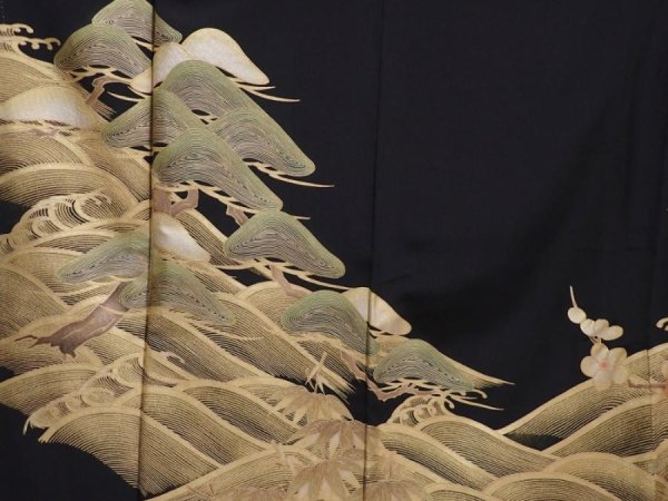 Photo8: 6312T03z1290 Vintage Japanese Kimono Silk Artist work TOMESODE Pine Black (8)