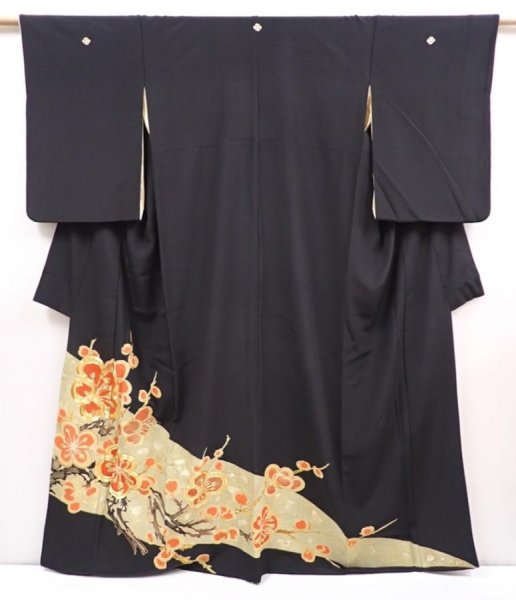 Photo1: 6312T04z1460 Vintage Japanese Kimono Silk TOMESODE Plum branch Black (1)