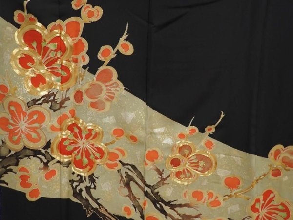 Photo8: 6312T04z1460 Vintage Japanese Kimono Silk TOMESODE Plum branch Black (8)