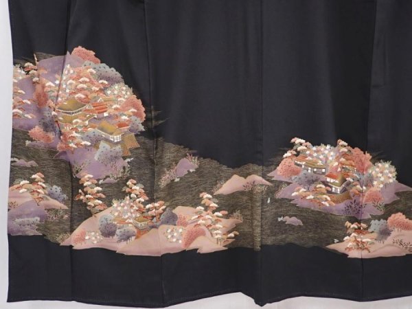 Photo5: 6312T05z1390  Japanese Kimono Silk Artist work TOMESODE Scenery Black (5)