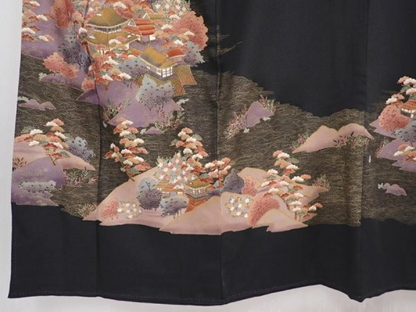 Photo6: 6312T05z1390  Japanese Kimono Silk Artist work TOMESODE Scenery Black (6)