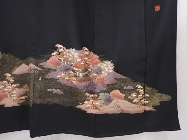 Photo7: 6312T05z1390  Japanese Kimono Silk Artist work TOMESODE Scenery Black (7)