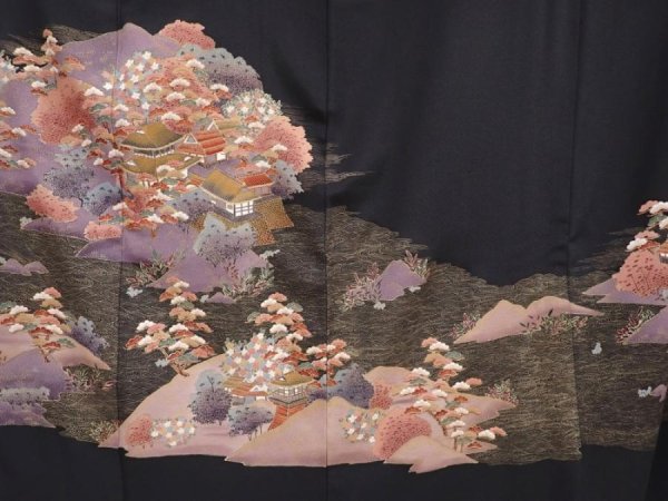 Photo8: 6312T05z1390  Japanese Kimono Silk Artist work TOMESODE Scenery Black (8)