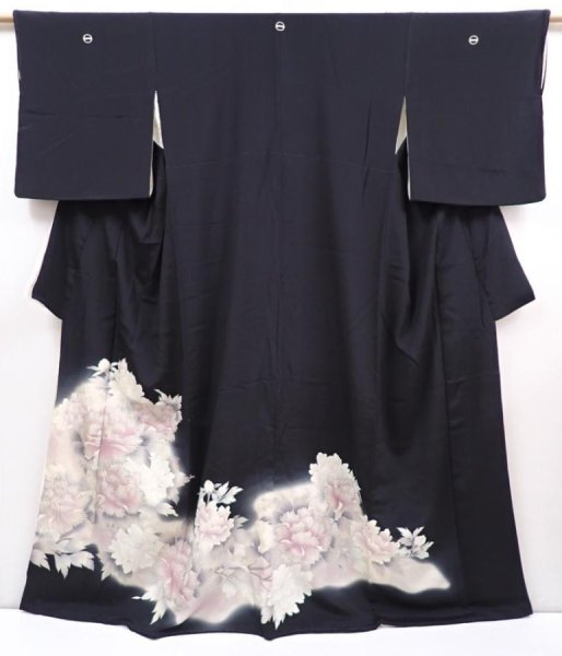 Photo1: 6312T08z1230 Vintage Japanese Kimono Silk TOMESODE Peony Black (1)