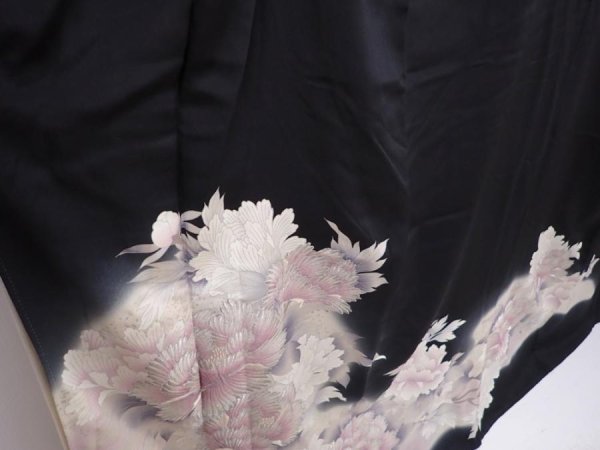 Photo3: 6312T08z1230 Vintage Japanese Kimono Silk TOMESODE Peony Black (3)