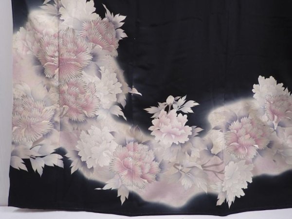 Photo6: 6312T08z1230 Vintage Japanese Kimono Silk TOMESODE Peony Black (6)