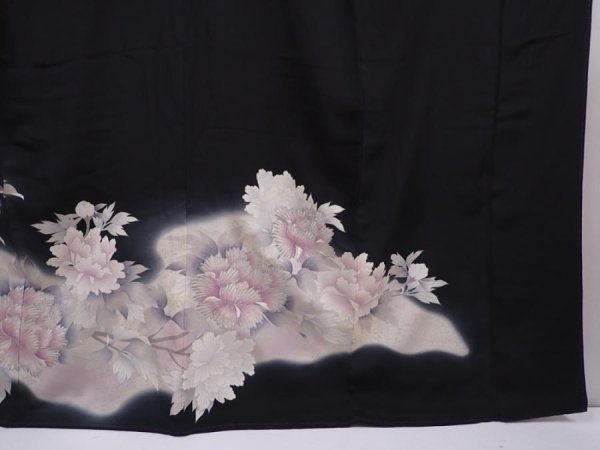 Photo7: 6312T08z1230 Vintage Japanese Kimono Silk TOMESODE Peony Black (7)