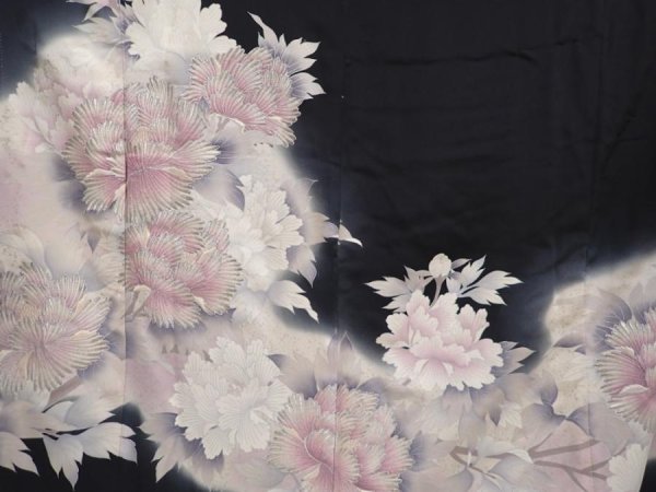 Photo8: 6312T08z1230 Vintage Japanese Kimono Silk TOMESODE Peony Black (8)