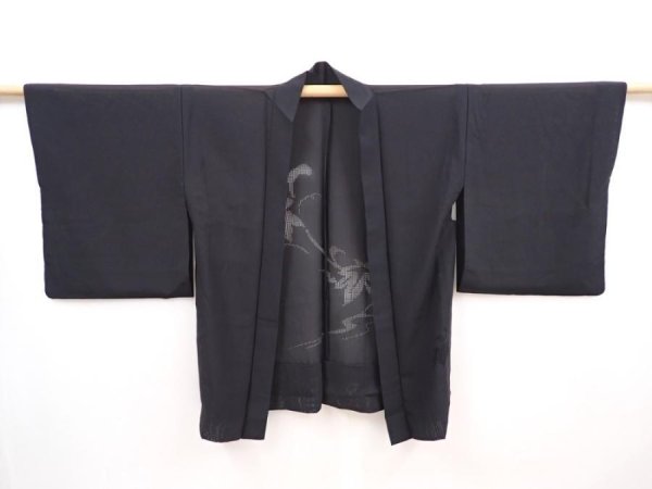 Photo5: 6313T01z280 Vintage Japanese Kimono Silk See through HAORI Leaf Black (5)