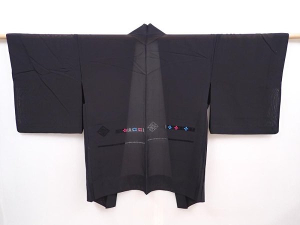 Photo1: 6313T02z240 Vintage Japanese Kimono Silk See through HAORI Flower Black (1)