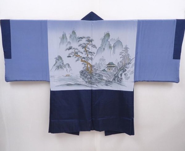 Photo1: 6313T03z480 Vintage Japanese Kimono Silk Men's OSHIMA HAORI Pine Navy (1)