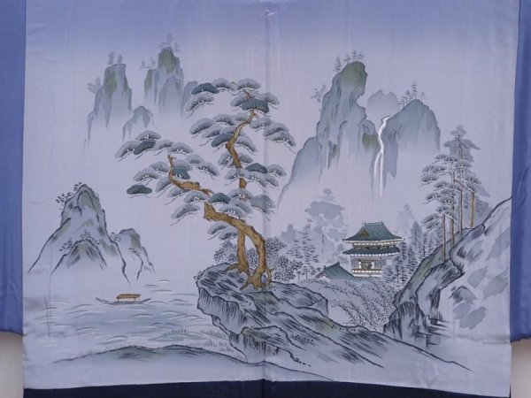 Photo3: 6313T03z480 Vintage Japanese Kimono Silk Men's OSHIMA HAORI Pine Navy (3)