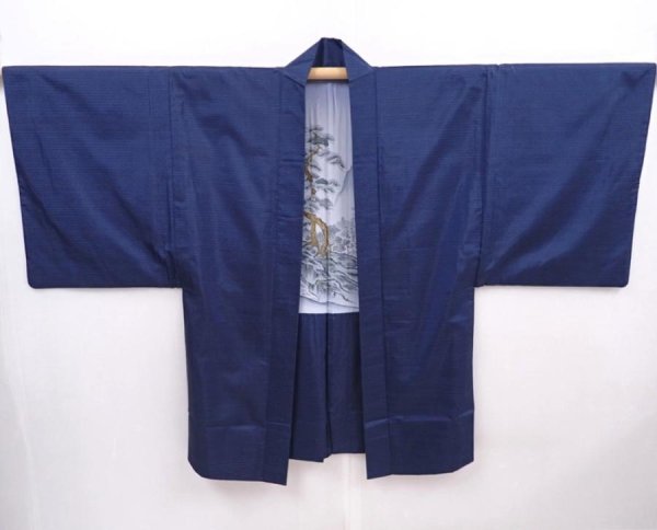 Photo7: 6313T03z480 Vintage Japanese Kimono Silk Men's OSHIMA HAORI Pine Navy (7)