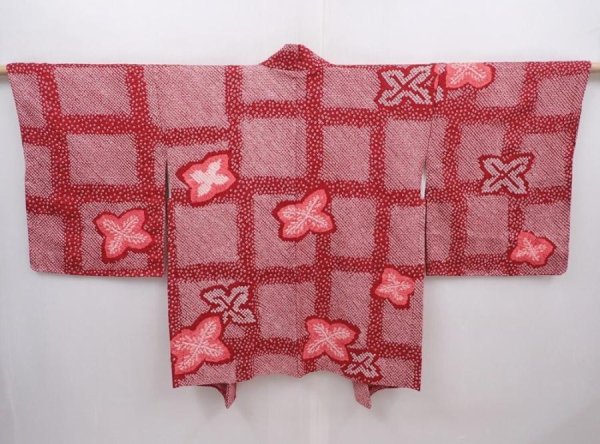Photo1: 6313T05z530 Vintage Japanese Kimono Silk SHIBORI HAORI Flower Dark red (1)