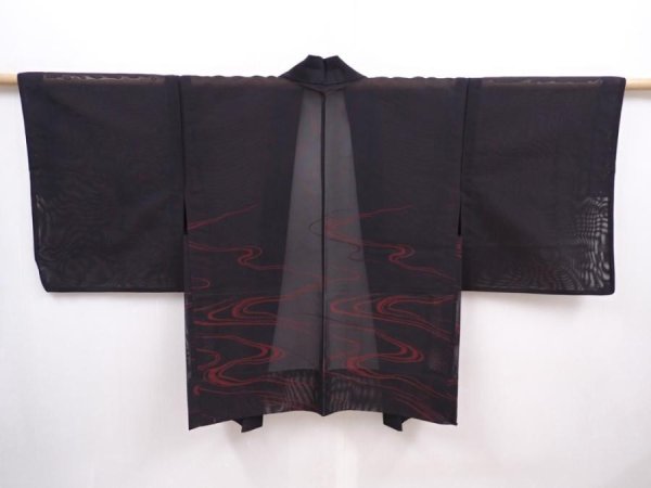 Photo1: 6313T07z240 Vintage Japanese Kimono Silk See through HAORI Stream Black (1)