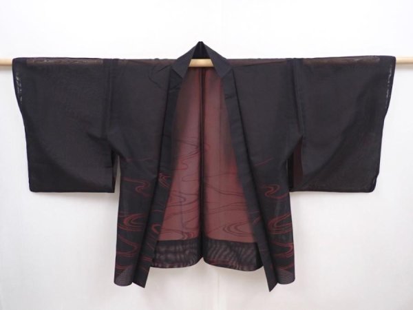 Photo5: 6313T07z240 Vintage Japanese Kimono Silk See through HAORI Stream Black (5)