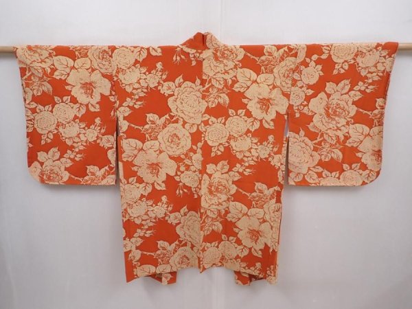 Photo1: 6313T08z480 Vintage Japanese Kimono Silk HAORI Flower Dark orange (1)