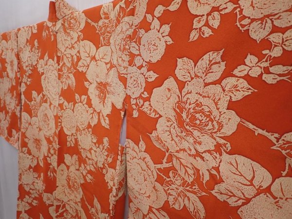 Photo2: 6313T08z480 Vintage Japanese Kimono Silk HAORI Flower Dark orange (2)