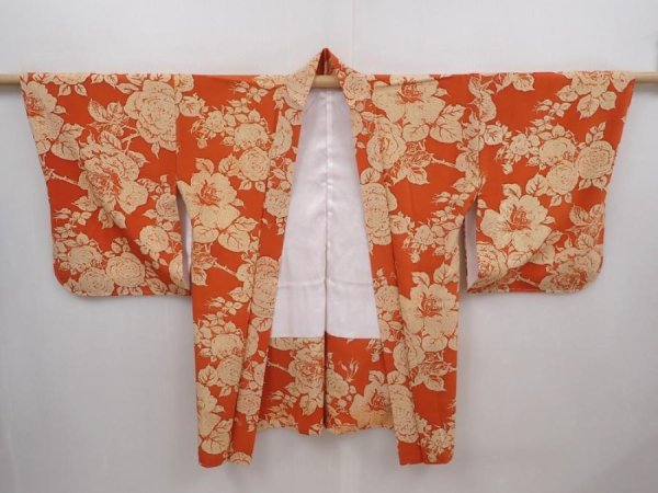 Photo5: 6313T08z480 Vintage Japanese Kimono Silk HAORI Flower Dark orange (5)