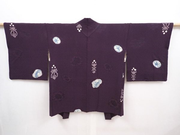 Photo1: 6313T10z540 Vintage Japanese Kimono Silk HAORI Flower Dark purple (1)
