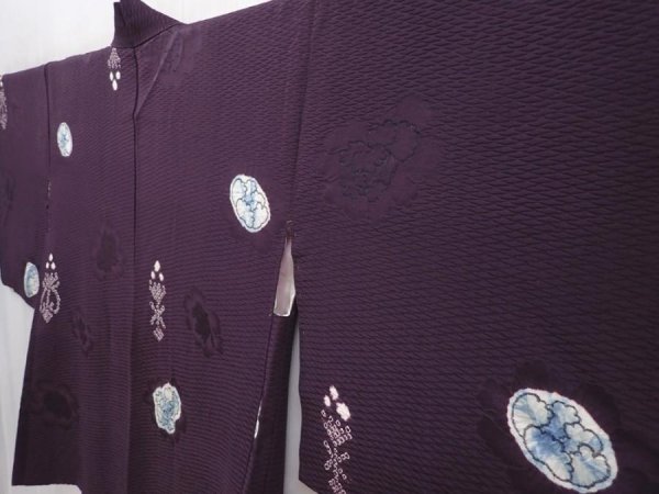Photo2: 6313T10z540 Vintage Japanese Kimono Silk HAORI Flower Dark purple (2)