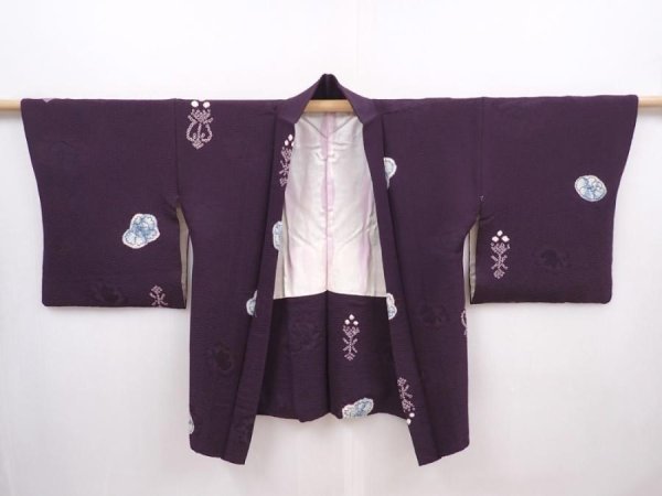 Photo5: 6313T10z540 Vintage Japanese Kimono Silk HAORI Flower Dark purple (5)